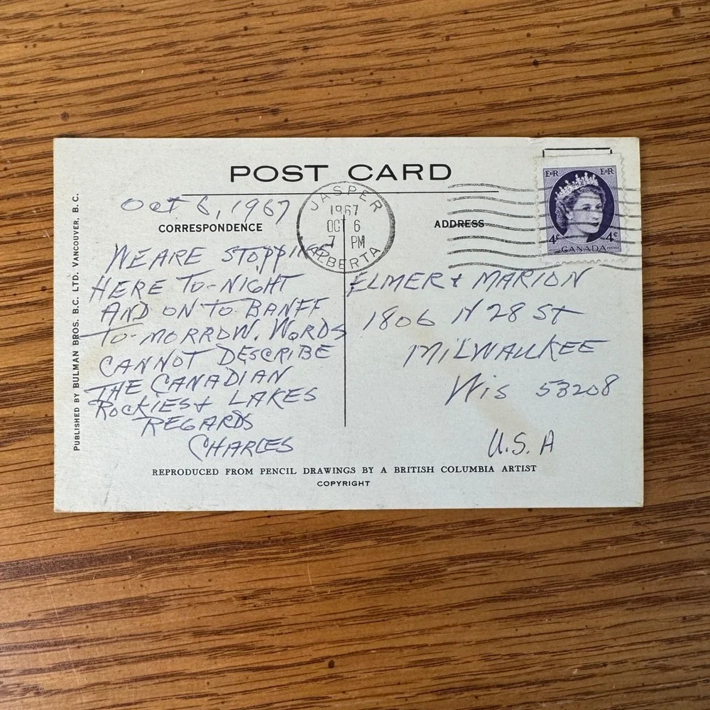 The Athabasca Hotel Jasper Alberta Postcard 1967‎ Edward Goodall Drawing
